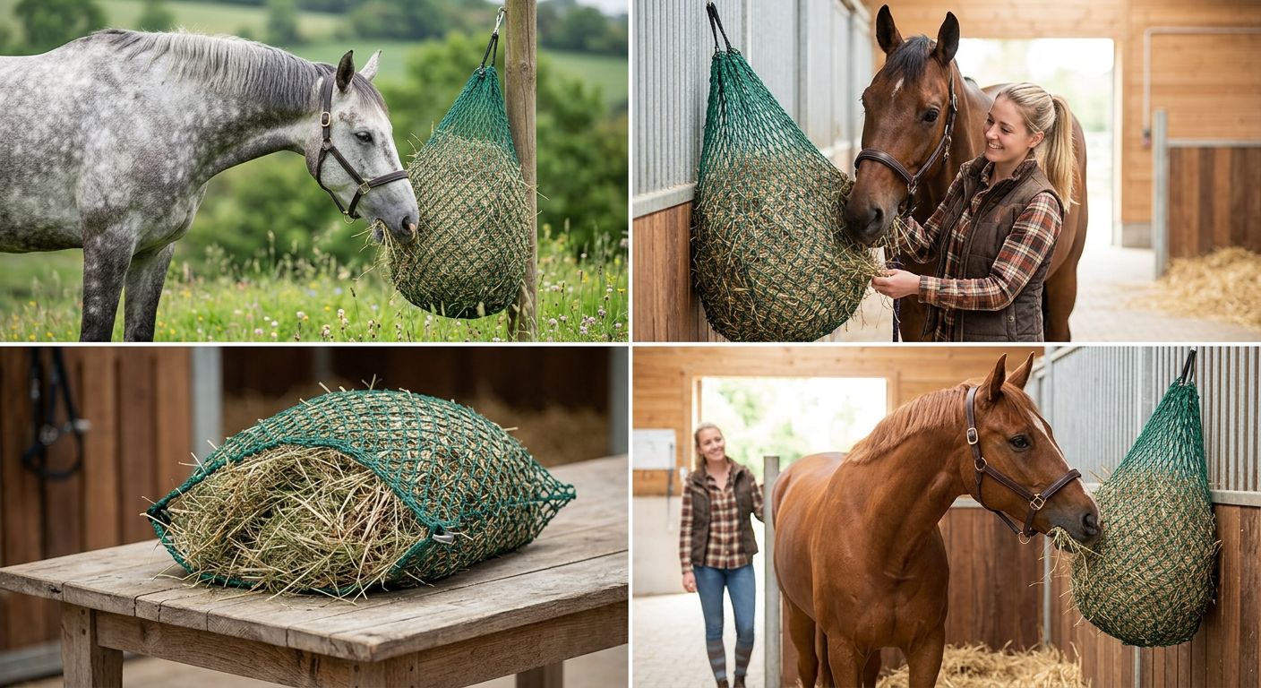 Ein Pferd in einer grünen Wiese mit einem Heunetz auf dem Kopf, das friedlich grasen kann.
BILD2: Ein Close-up eines Heunetzes, das auf einem Pferdkopf sitzt, mit Fliegen und anderen Insekten im Hintergrund.
BILD3: Ein Pferdehalter, der ein Heunetz auf den Kopf seines Pferdes setzt, mit einem lächelnden Pferd im Hintergrund.
BILD4: Eine Auswahl von verschiedenen Heunetzen in verschiedenen Farben und Größen, die auf einem Tisch oder einer Mauer liegen.