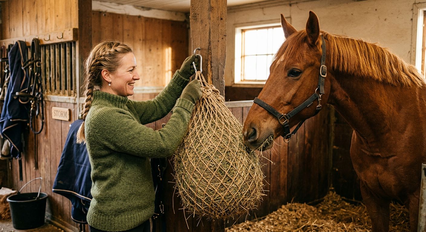 Ein Close-up eines Heunetzes, das auf einem Pferdkopf sitzt, mit Fliegen und anderen Insekten im Hintergrund.
BILD3: Ein Pferdehalter, der ein Heunetz auf den Kopf seines Pferdes setzt, mit einem lächelnden Pferd im Hintergrund.
BILD4: Eine Auswahl von verschiedenen Heunetzen in verschiedenen Farben und Größen, die auf einem Tisch oder einer Mauer liegen.