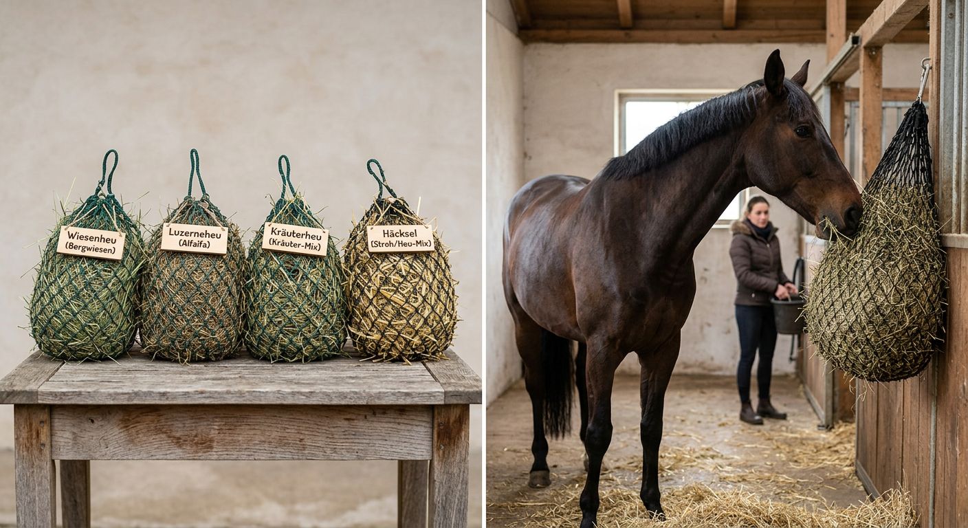 Ein Pferdehalter, der ein Heunetz auf den Kopf seines Pferdes setzt, mit einem lächelnden Pferd im Hintergrund.
BILD4: Eine Auswahl von verschiedenen Heunetzen in verschiedenen Farben und Größen, die auf einem Tisch oder einer Mauer liegen.