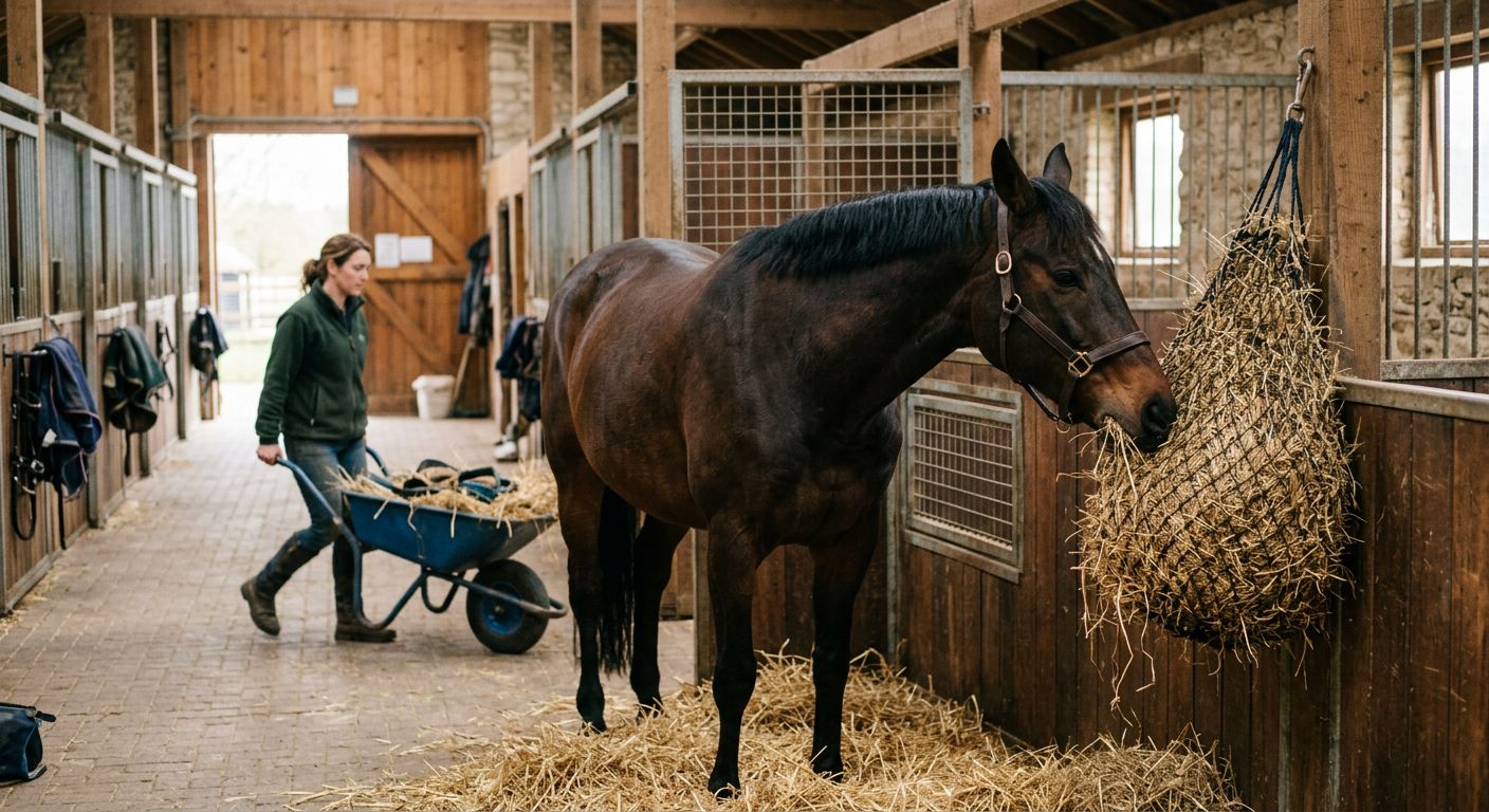 Eine Auswahl von verschiedenen Heunetzen in verschiedenen Farben und Größen, die auf einem Tisch oder einer Mauer liegen.