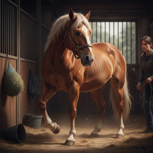 Pferd schaut auf Bauch — typisches Kolikanzeichen