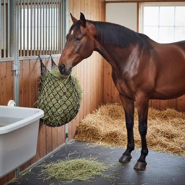 Pferd frisst Heu — gesunde Fütterung als Kolikprävention