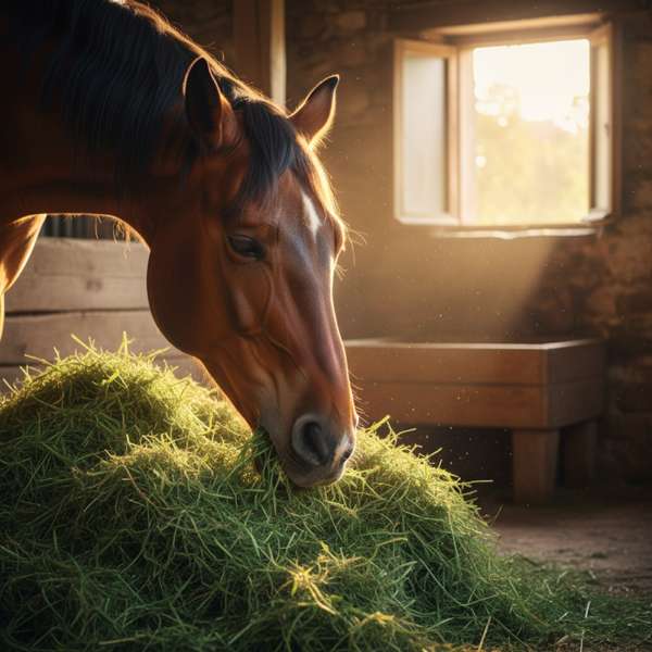 Pferd frisst Heu — Raufutter als Grundlage der Pferdernährung