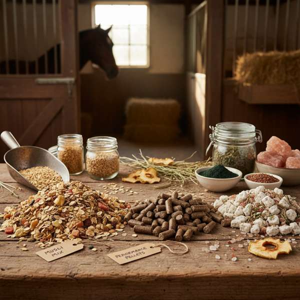 Verschiedene Pferdefutter: Müsli, Pellets und Mineralfutter im Vergleich
