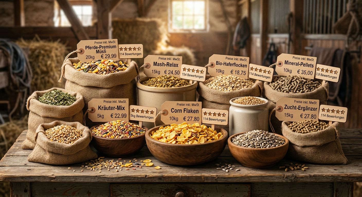 Ein Pferd, das mit einem Besitzer oder einer Besitzerin zusammen ist, das gemeinsam Futter aus einem Eimer frisst.
BILD3: Ein Bild von verschiedenen Pferdefuttersorten, die auf einem Tisch oder Regal angeordnet sind, mit Preisschildern und Bewertungen.
BILD4: Ein Bild von einem Pferd, das gesund und glücklich in seinem Stall oder Paddock steht, mit einem Futtereimer in der Nähe.