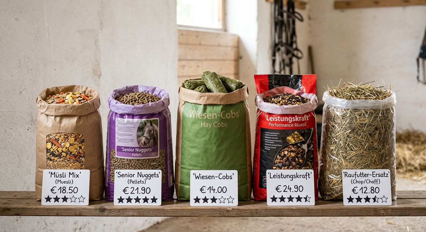 Ein Bild von verschiedenen Pferdefuttersorten, die auf einem Tisch oder Regal angeordnet sind, mit Preisschildern und Bewertungen.
BILD4: Ein Bild von einem Pferd, das gesund und glücklich in seinem Stall oder Paddock steht, mit einem Futtereimer in der Nähe.