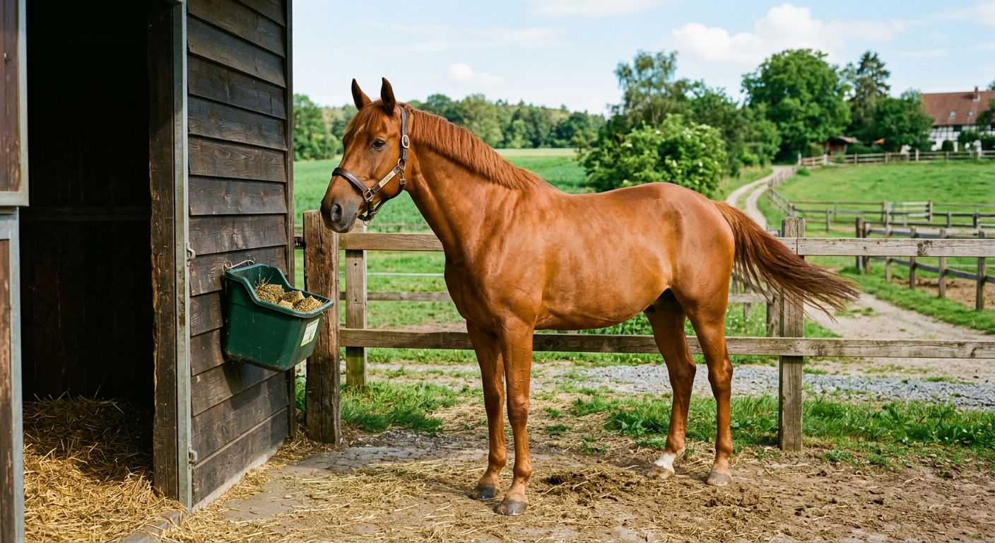 Ein Bild von einem Pferd, das gesund und glücklich in seinem Stall oder Paddock steht, mit einem Futtereimer in der Nähe.