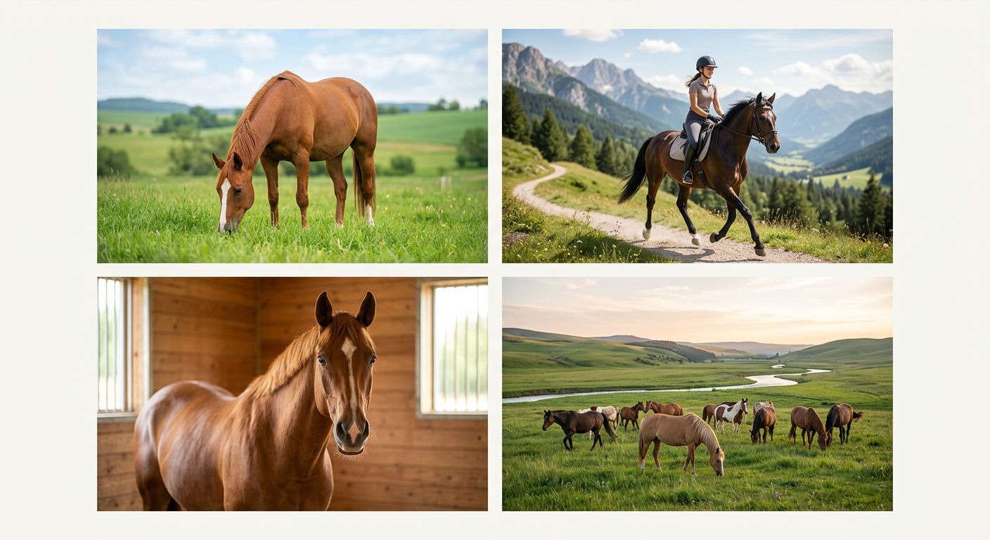 Ein friedliches Bild von einem Pferd auf einer grünen Weide, umgeben von Blumen und einem klaren Himmel.
BILD2 (inline): Ein Pferd, das von seinem Besitzer gestreichelt wird, mit einem zufriedenen Ausdruck.
BILD3 (inline): Ein Pferd, das frei auf einem Feld galoppiert, mit Wind in seinem Fell.
BILD4 (inline): Ein Besitzer, der sein Pferd versorgt, mit einem Arzt oder einer Versicherungsvertreterin im Hintergrund, die einen Vertrag überreicht.