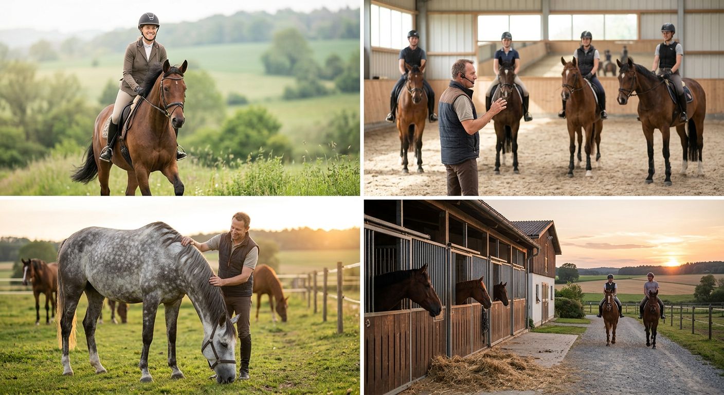 Ein Erwachsener auf einem Pferd in einer grünen Landschaft, mit einem Lächeln auf dem Gesicht.
BILD2: Eine Gruppe von Erwachsenen in einer Reithalle, die von einem erfahrenen Reitlehrer unterrichtet werden.
BILD3: Ein Pferd, das in einer Koppel grasen, während ein Erwachsener in der Nähe steht und es streichelt.
BILD4: Eine Reitschule bei Sonnenuntergang, mit Pferden in den Ställen und Erwachsenen, die auf den Pferden reiten.