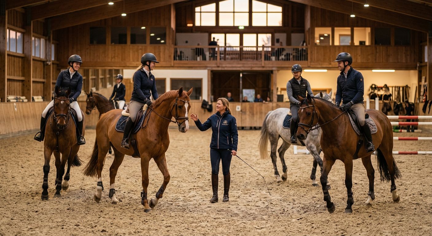 Eine Gruppe von Erwachsenen in einer Reithalle, die von einem erfahrenen Reitlehrer unterrichtet werden.
BILD3: Ein Pferd, das in einer Koppel grasen, während ein Erwachsener in der Nähe steht und es streichelt.
BILD4: Eine Reitschule bei Sonnenuntergang, mit Pferden in den Ställen und Erwachsenen, die auf den Pferden reiten.