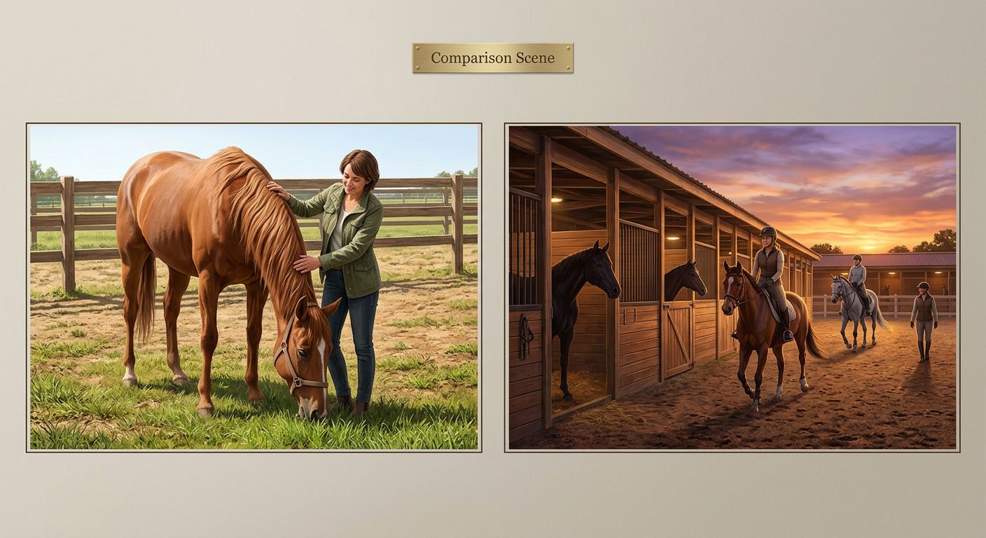 Ein Pferd, das in einer Koppel grasen, während ein Erwachsener in der Nähe steht und es streichelt.
BILD4: Eine Reitschule bei Sonnenuntergang, mit Pferden in den Ställen und Erwachsenen, die auf den Pferden reiten.