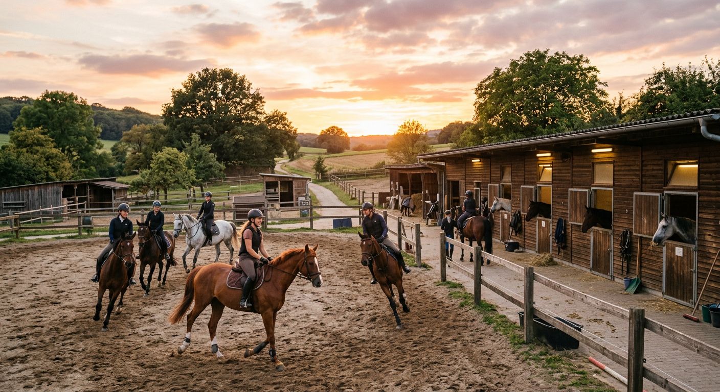 Eine Reitschule bei Sonnenuntergang, mit Pferden in den Ställen und Erwachsenen, die auf den Pferden reiten.