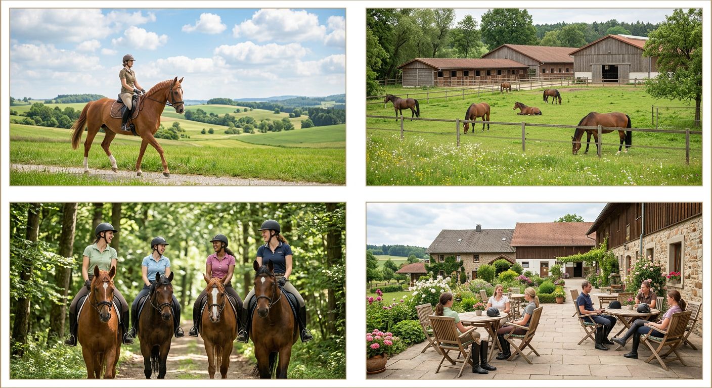 Ein Reiter auf einem Pferd, der durch eine grüne Landschaft galoppiert, mit einem klaren Himmel und einigen Wolken.
BILD2: Ein Bild von einem Reitstall, mit Pferden in den Boxen und Reitern, die ihre Pferde putzen und vorbereiten.
BILD3: Ein Bild von einer Reitgruppe, die durch einen Wald reitet, mit einem Reitlehrer, der die Gruppe anführt.
BILD4: Ein Bild von einem Reiter, der auf einem Pferd sitzt und die Aussicht auf eine malerische Landschaft genießt, mit einem Sonnenuntergang im Hintergrund.