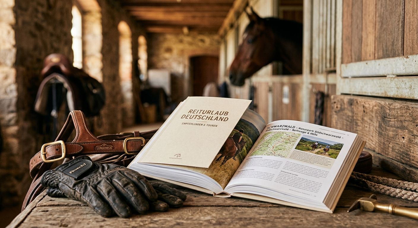 Ein Bild von einem Reitstall, mit Pferden in den Boxen und Reitern, die ihre Pferde putzen und vorbereiten.
BILD3: Ein Bild von einer Reitgruppe, die durch einen Wald reitet, mit einem Reitlehrer, der die Gruppe anführt.
BILD4: Ein Bild von einem Reiter, der auf einem Pferd sitzt und die Aussicht auf eine malerische Landschaft genießt, mit einem Sonnenuntergang im Hintergrund.