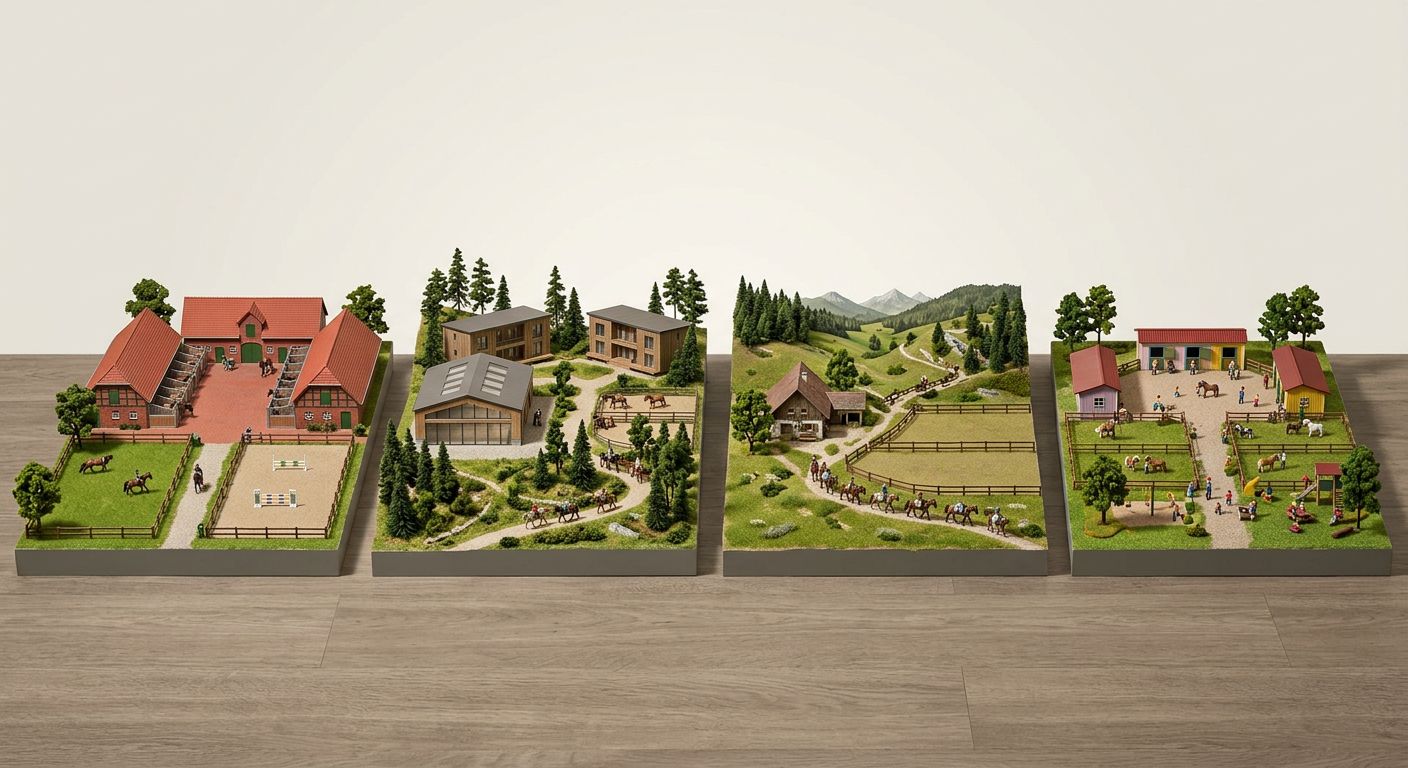 Ein Bild von einer Reitgruppe, die durch einen Wald reitet, mit einem Reitlehrer, der die Gruppe anführt.
BILD4: Ein Bild von einem Reiter, der auf einem Pferd sitzt und die Aussicht auf eine malerische Landschaft genießt, mit einem Sonnenuntergang im Hintergrund.