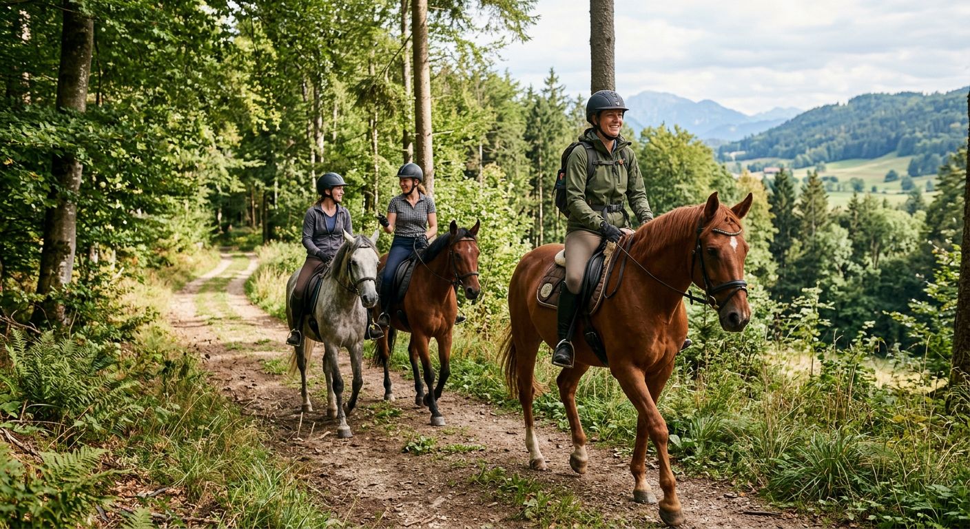 Ein Bild von einem Reiter, der auf einem Pferd sitzt und die Aussicht auf eine malerische Landschaft genießt, mit einem Sonnenuntergang im Hintergrund.
