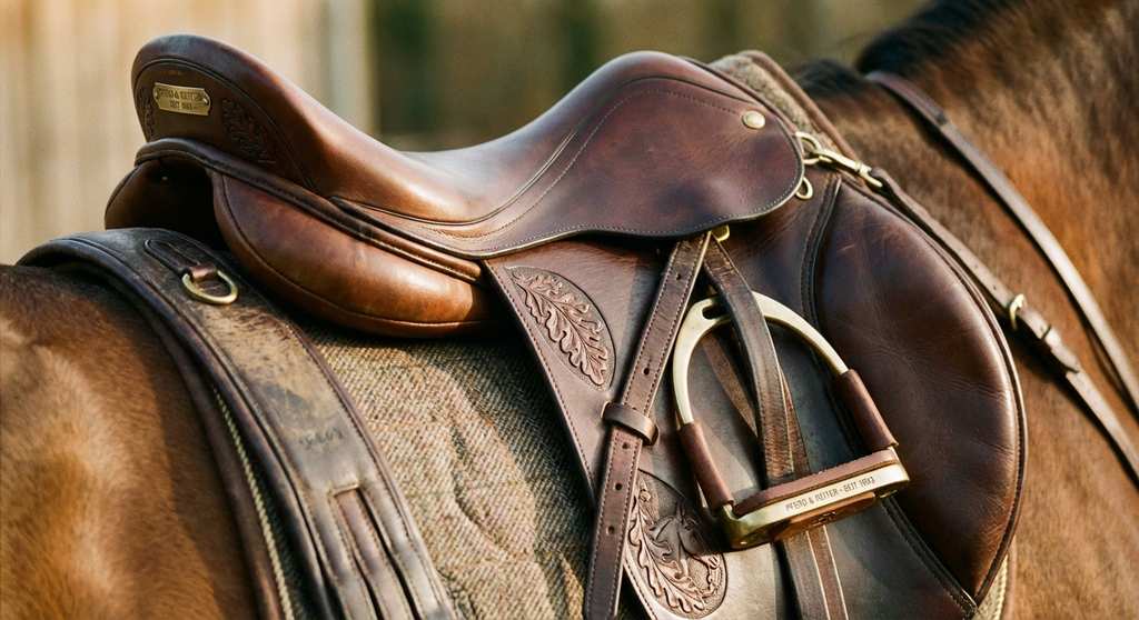 Springsattel Leder braun elegant auf Pferd